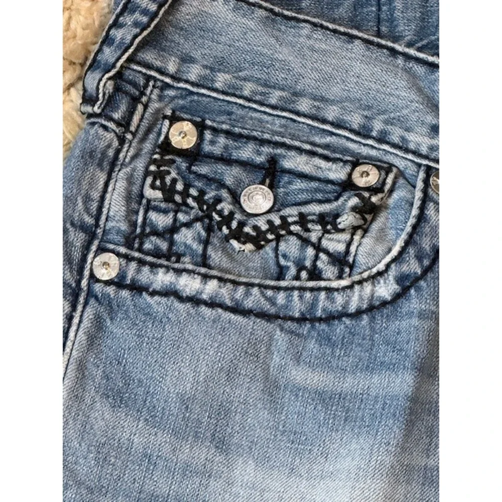 True Religion World Tour Straight Jeans 34 Made in USA‎ Light Wash Flap Y2K VTG